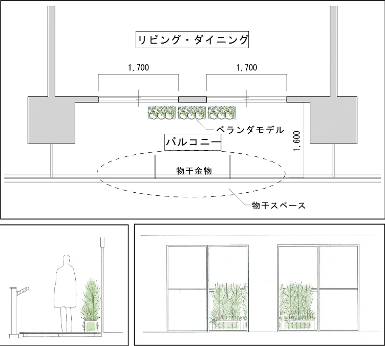 里山ユニットのモデルプランB 物干しスペースを生かしたいときは窓側に(2)